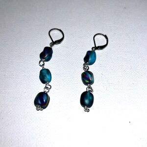 Handmade 3 Blue Opalescent Bead Dangle Hypoallergenic Stainless Steel Earrings